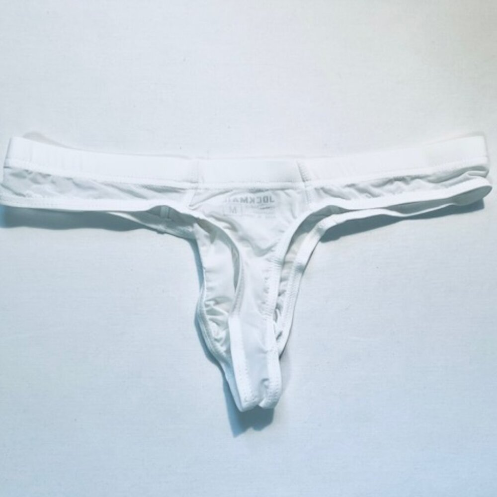JOCKMAIL   Waist 28-31"s Nylon Blend Semi Sheer T-Back Thong - White - PouchJOC - Picture 6 of 11